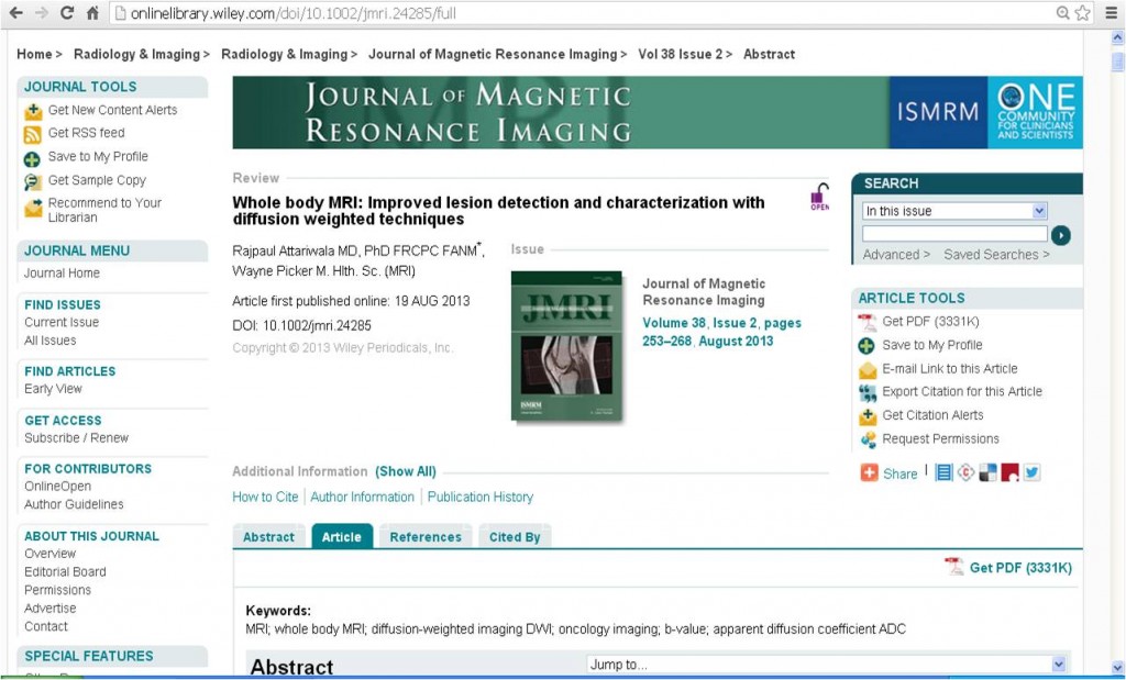 Whole Body MRI: Improved Lesion Detection and Characterization With Diffusion Weighted Techniques, published August 19, 2013 in the Journal of MRI